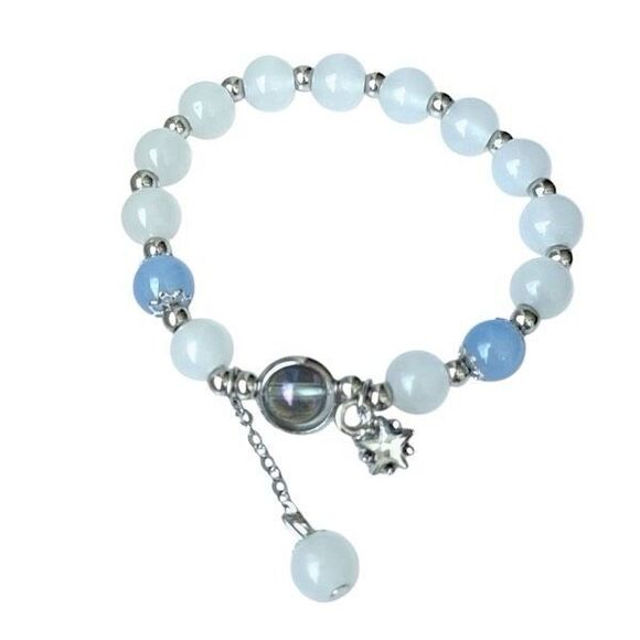 Milky White & Blue Beaded Bracelet with Star Charm for Kids or Teens - Picture 1 of 10